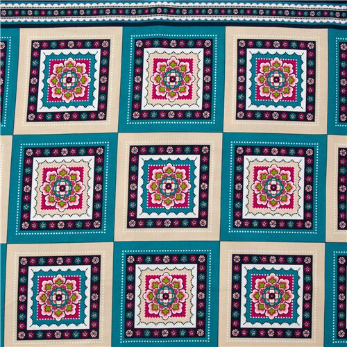 Tissu en coton style provençal à carreaux bleu sarcelle et beige Tissu