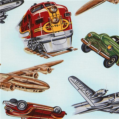 Michael Miller Retro Stoff Way to go mit Auto Flugzeug 1