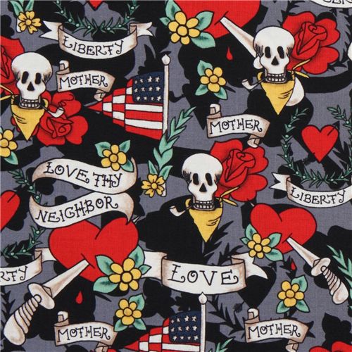 Michael Miller skull fabric Tattoo Love heart roses 1