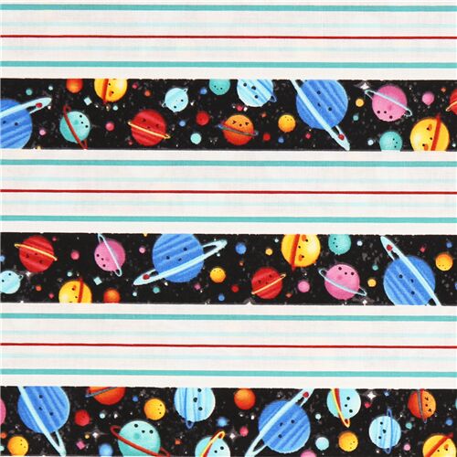 Tissu en coton  bandes espace plantes aux visages rigolos Tissu
