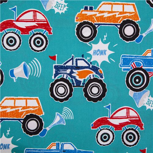 Tissu coton bleu sarcelle véhicules monster trucks multicolores Tissu