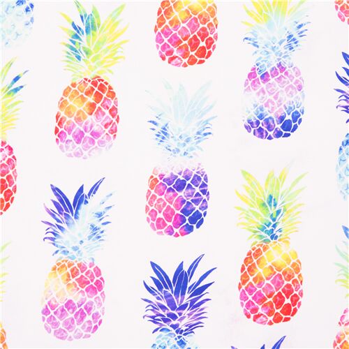 weißer Baumwollstoff Neon Regenbogen Ananas USA Stoff