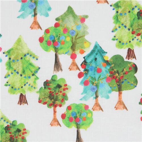 Michael Miller white fabric with colorful Christmas trees Fabric