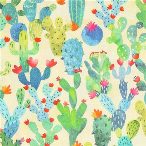 Tissu en coton jaune avec des cactus et des plantes vertes Tissu