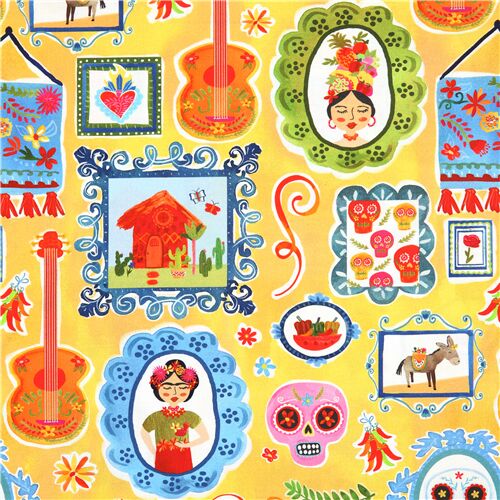 tessuto giallo Frida chitarre teschi di zucchero rosa Tessuto