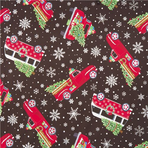 tessuto minky poliestere natalizio alberi neve veicoli rossi Tessuto