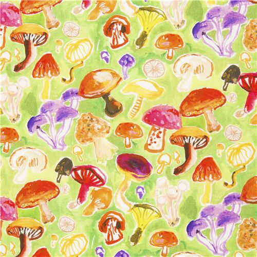 Multicolor Sketch Watercolour Mushrooms Fabric