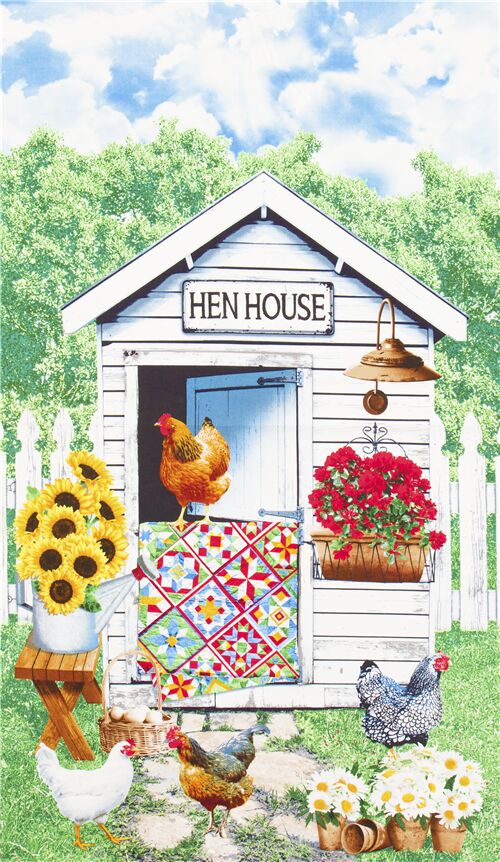 Realistic Cottage Garden Hen House Quilt Fabric