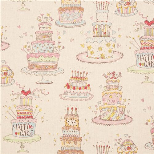 Toile au coloris naturel avec des desserts, des gâteaux kawaii multicolores Tissu