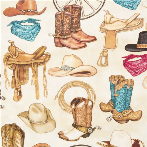 Naturfarbene Cowboystiefel Sattel auf Baumwollstoff Quilting Treasures Stoff