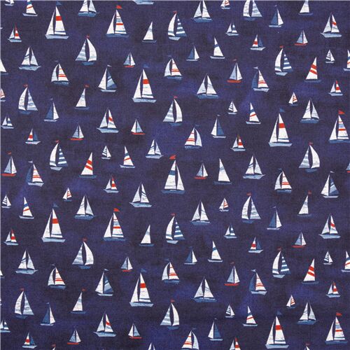Chutes de tissu de (50 x 112 cm) - Tissu en coton bleu marine avec des voiliers th�me nautique par M 2