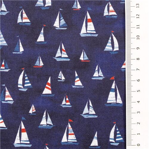 Chutes de tissu de (50 x 112 cm) - Tissu en coton bleu marine avec des voiliers th�me nautique par M 3