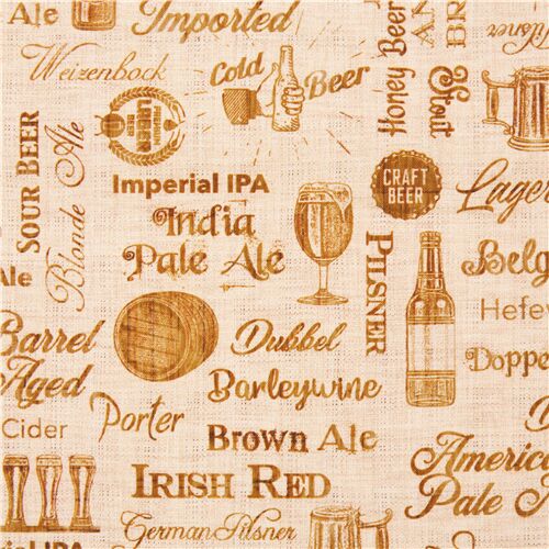tessuto beige On Tap Quilting Treasures scritte marroni birre  Tessuto