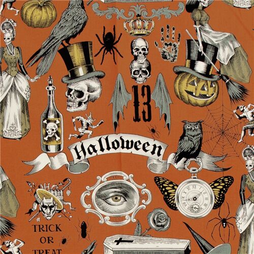 Orange brown Halloween fabric with skulls by Alexander Henry Fabric