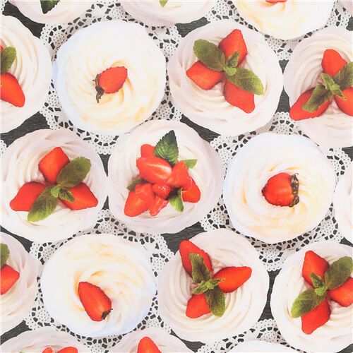 Tela oxford laminada con postre de fruta fresas rojas nata montada Tela