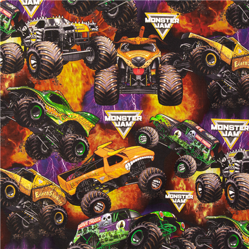 Large Monster Jam Trucks Fire Fabric