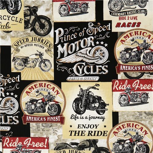 Remnant (46 x 112 cm) - Packed vintage motorcycle signs fabric by Timeless Treasures