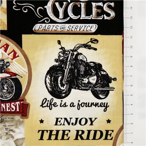 Remnant (46 x 112 cm) - Packed vintage motorcycle signs fabric by Timeless Treasures 3
