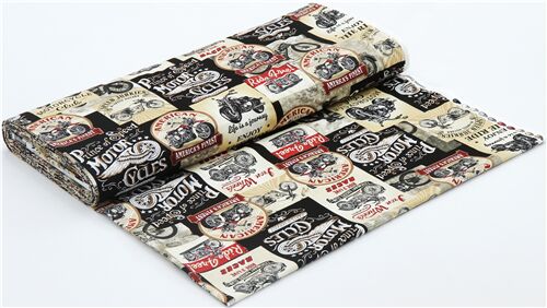 Remnant (46 x 112 cm) - Packed vintage motorcycle signs fabric by Timeless Treasures 4