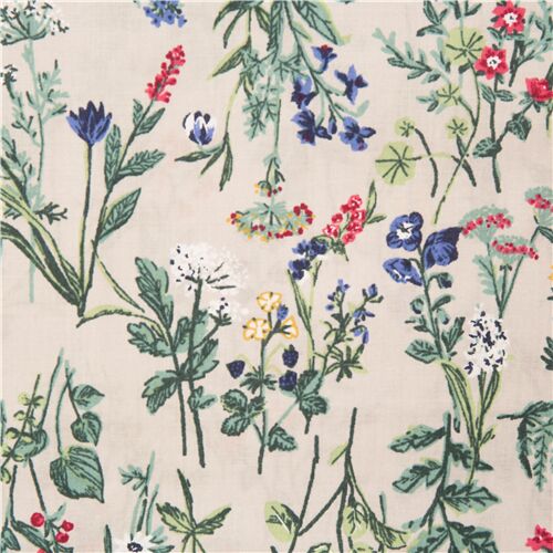 Pale green grey cotton lawn fabric with vintage wild bunches of flowers Fabric
