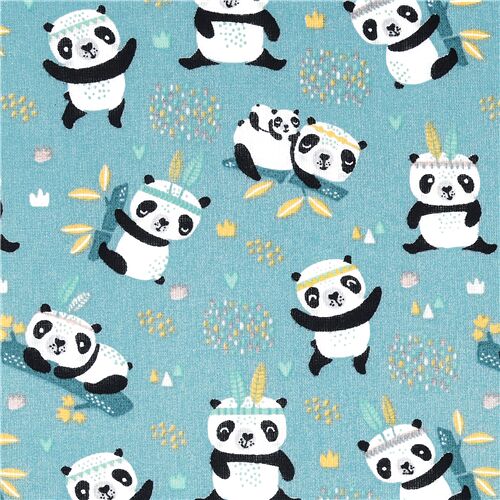 Panda Bears Colourful Feathers Leaves Fabric