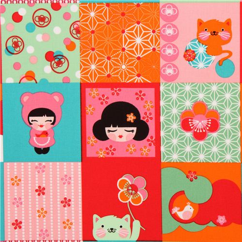 Patchwork kawaii Kokeshi doll fabric by Robert Kaufman USA Fabric