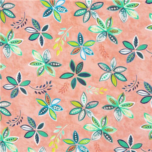 Tissu pche feuilles peintes en bleu, vert et blanc, digital Tissu