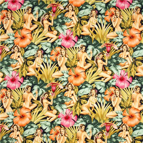 Remnant (27 x 114 cm) - Pin up women fabric with big flowers by Alexander Henry 2