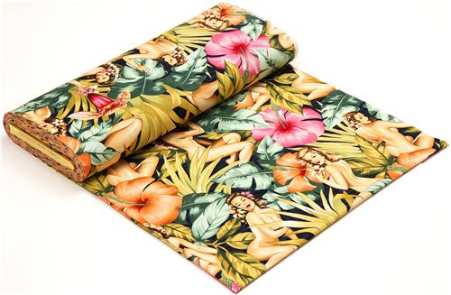 Remnant (27 x 114 cm) - Pin up women fabric with big flowers by Alexander Henry 4