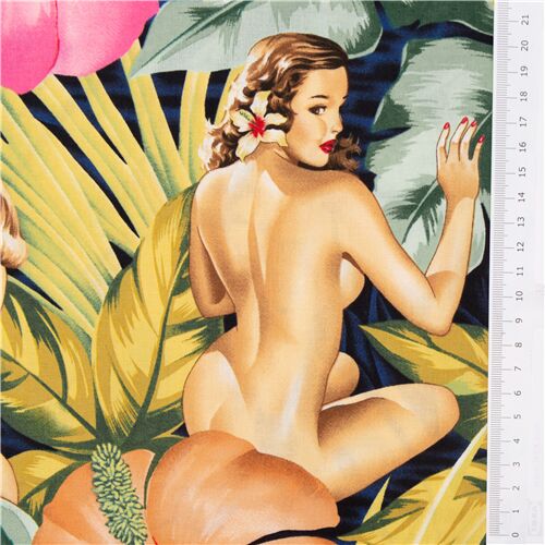 Remnant (27 x 114 cm) - Pin up women fabric with big flowers by Alexander Henry 3