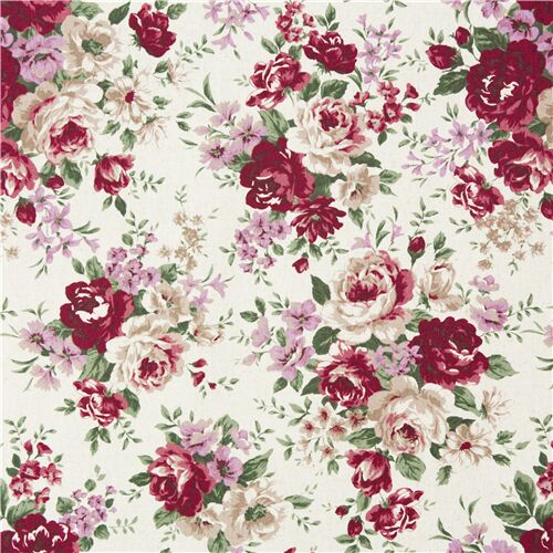 Pink and red roses in posy bunches on Natural Colour Canvas Fabric from Japan Fabric