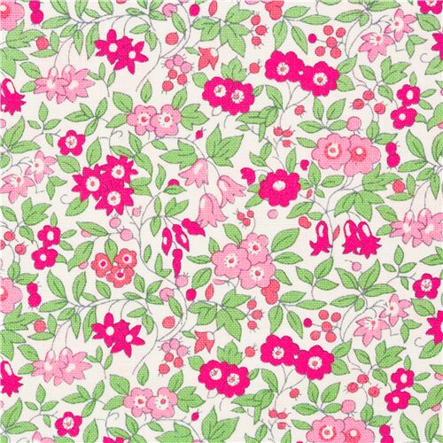Tela con flores rosas hojas verdes sobre algodn blanco de Liberty Fabrics Tela