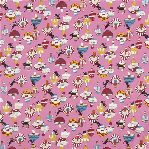 Fat Quarter (50 x 55 cm) - Rosa Oxford-Stoff mit lustigen Katzen und gemusterten Pilzen 2