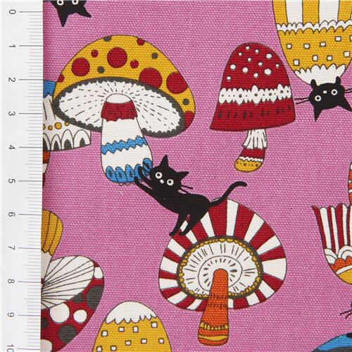 Fat Quarter (50 x 55 cm) - Rosa Oxford-Stoff mit lustigen Katzen und gemusterten Pilzen 3