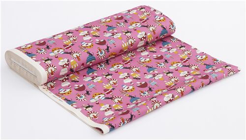 Fat Quarter (50 x 55 cm) - Rosa Oxford-Stoff mit lustigen Katzen und gemusterten Pilzen 4