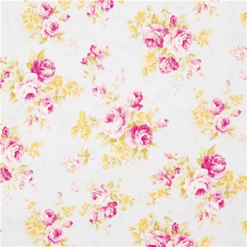 Tissu Oxford bleu avec des roses roses et jaunes sous forme de bouquets Tissu