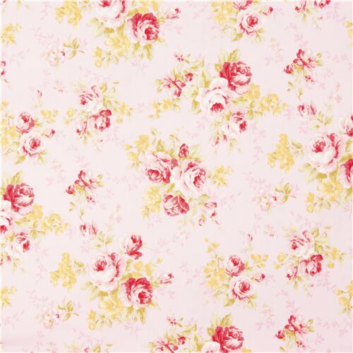 Tissu Oxford rose avec des roses roses et jaunes sous forme de bouquets Tissu