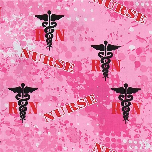 Tissu en coton rose  pois blanc avec des emblmes noirs rouges d'infirmire Tissu