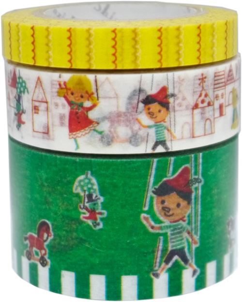 3 rubans de masquage en Washi Shinzi Katoh, Pinocchio, des maisons, des jouets