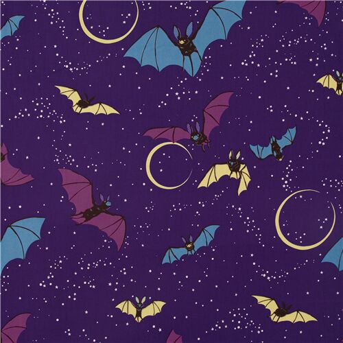 Tissu violet Alexander Henry en coton nouvelle lune chauves-souris étoiles pois Tissu