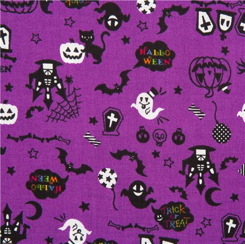 tessuto viola Halloween gatti teschi fantasmi zucche di colore nero Tessuto