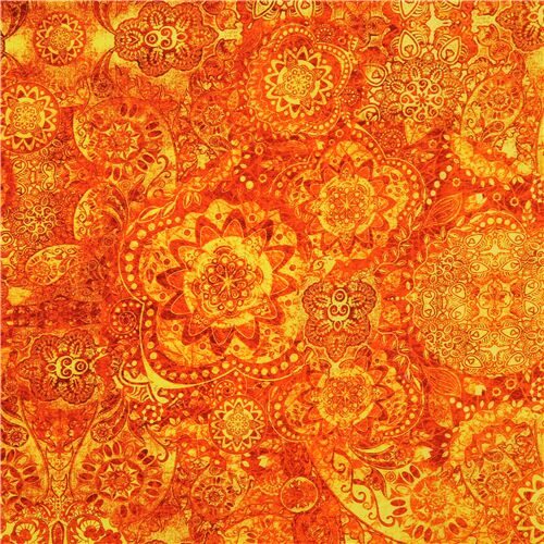 QT Fabrics orange and yellow ombre fabric with mandala flower pattern Fabric