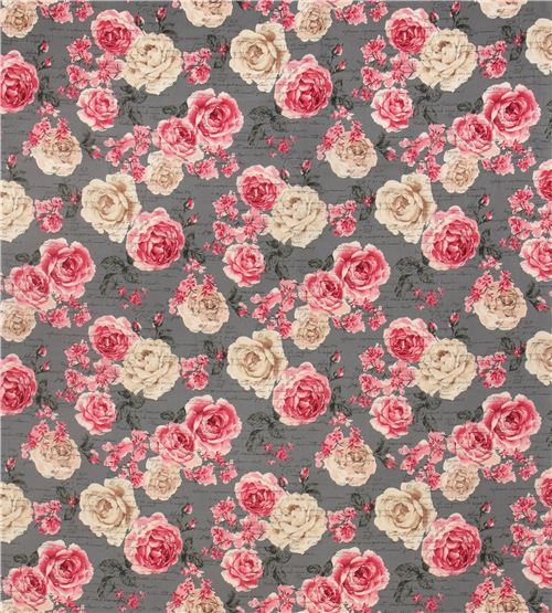 Remnant 23 cm - Quilt Gate flower fabric in grey with retro design and roses 2