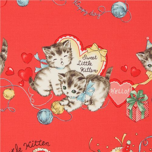Tissu Quilt Gate rouge avec des chatons vintage, des cadeaux d'anniversaire Tissu