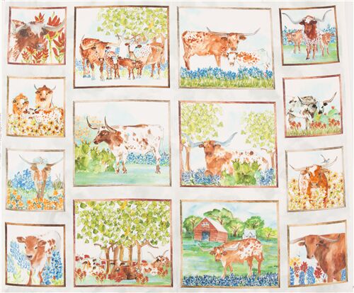 Rimanenza di (38 x 109 cm) - tessuto Quilting Treasures pannelli mucche fiori cactus stile acquerell