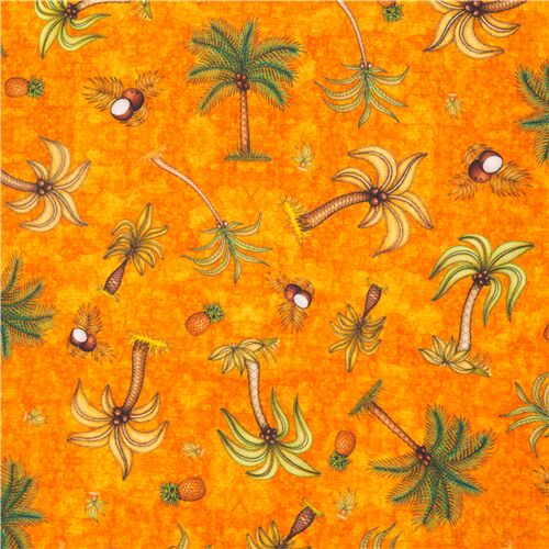 Tissu en coton orange avec des cocotiers et des ananas Tissu