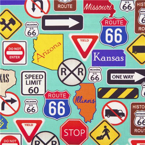 Tissu en coton turquoise signalisation voyage Route 66 Tissu