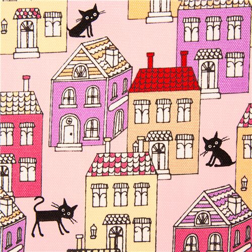 Quirky houses pink oxford fabric from Japan with cute back cat Fabric