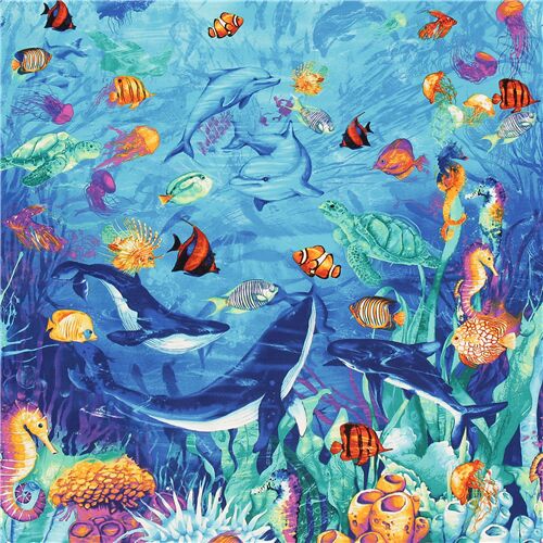 Regenbogen Meereslebewesen blaues Meer Timeless Treasures Großmotiv Stoff