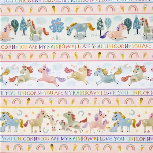 Tissu  rayures avec des licornes arc-en-ciel et des mots d'amour Tissu